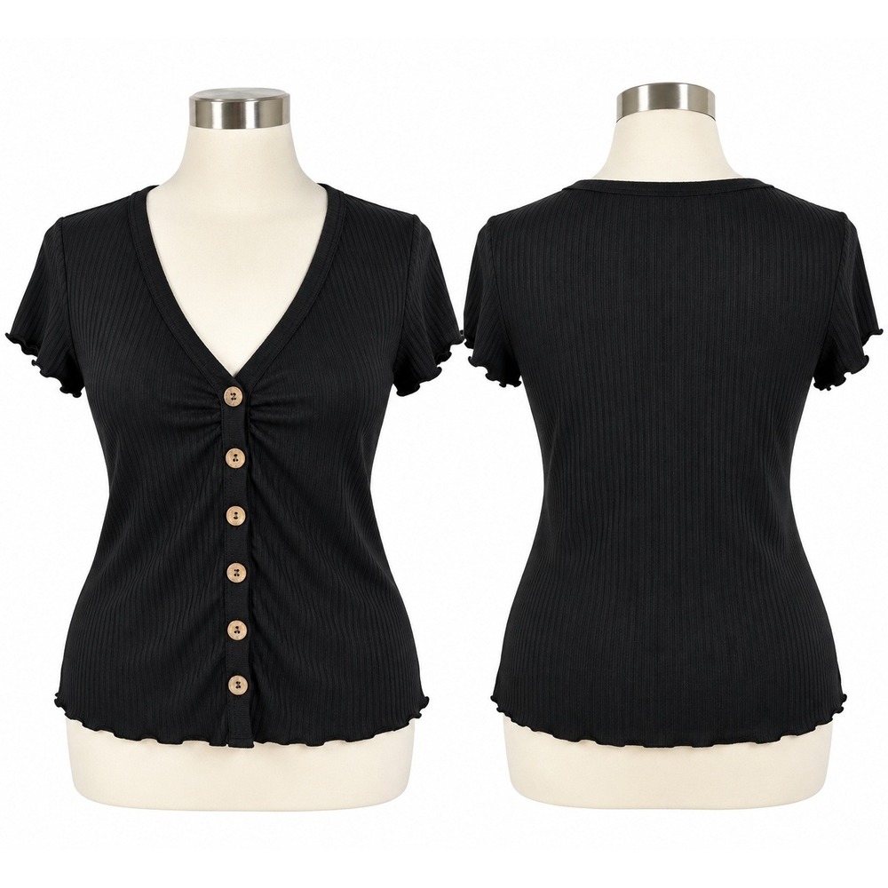 Livi by Exclusive Fab Black Ribbed V-Neck Button Front Lettuce Trim Top Size S